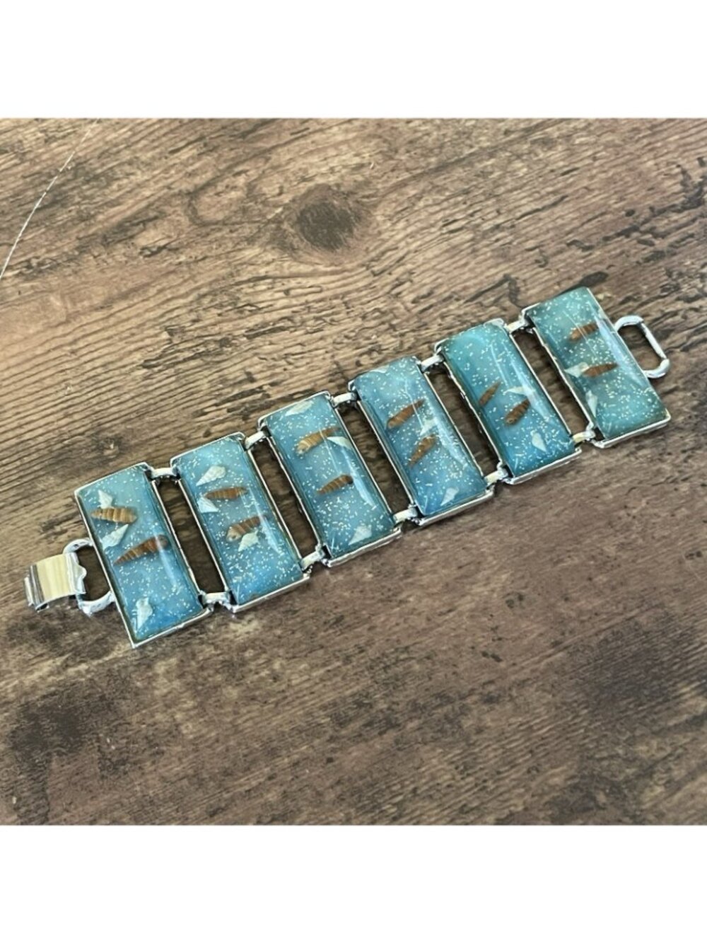 Vintage 1950s Panel Bracelet Blue Confetti Lucite Seashells Silver Tone Wide - Picture 6 of 16